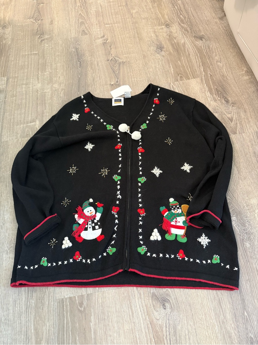 Sporto Black Holiday Snowman Cardigan with Red and Green Trim